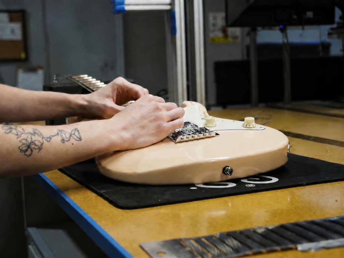 A Corzic service technician setting up an electric guitar at the bench