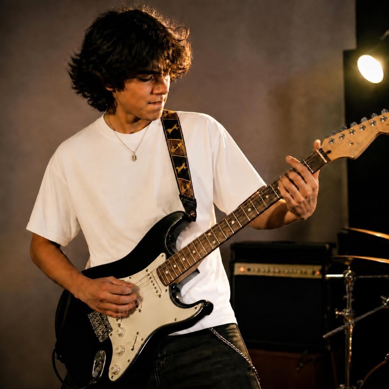 A student playing an electric guitar