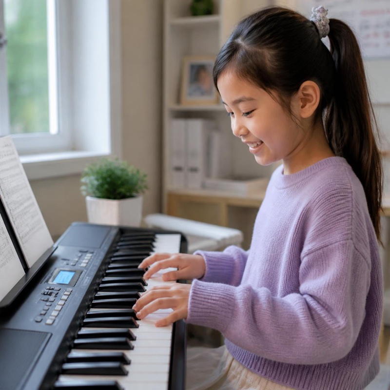 A student playing a keyboard